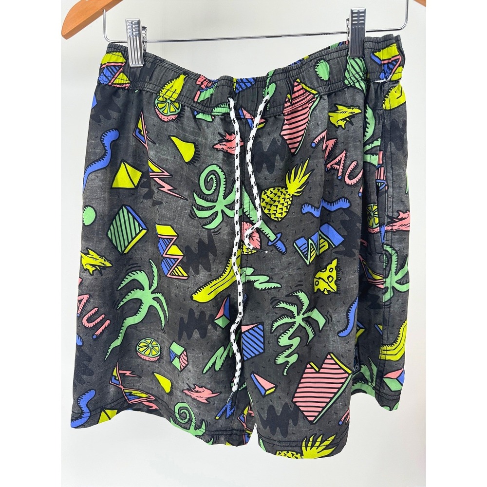 Maui and Sons Swim Trunks Mens M Gray Neon Retro 80s Geometric Board Shorts